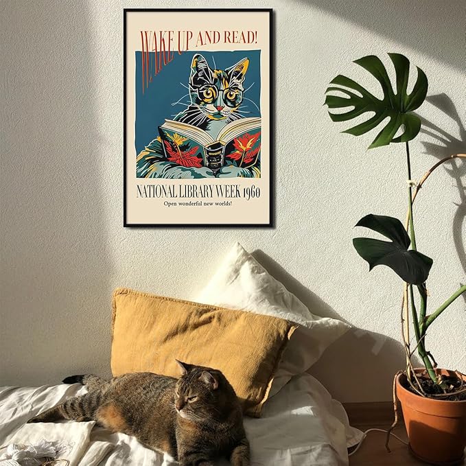 Cat and Book Poster, Wake Up and Read Inspiring Wall Art Canvas, Retro 1960 National Library Week Wall Art, Reading Art for Book Lover, Classic Gallery Wall Decor 12x16in Framed