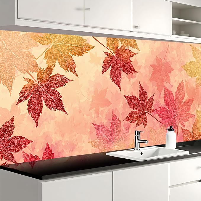 Nuxovilar Autumn Maple Leaf Beige Background Textured Peel and Stick Wallpaper, 15.75"x39.37", Self-Adhesive Contact Paper, Red Orange Foliage Pattern for Bedroom, Living Room and Table Decor