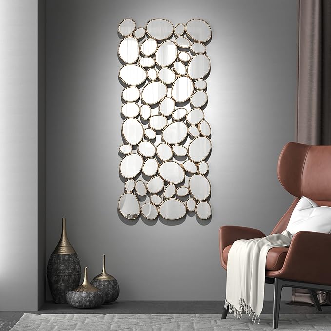 Gold Wall Mirrors Decorative - 23x51 Inch Large Living Room Mirrors for Wall Decor, 55 Piece Multi-Size Pebble Design Metal Framed Accent Mirror for Modern Entryway, Home Decor