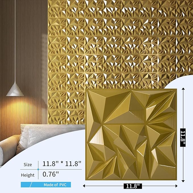 Art3d 33-Pack 3D Wall Panels for Interior Wall Decor, Diamond Textured Feature Wall Paneling for Gaming Living Room TV Wall Background Accent Wall - 12 x 12 inch Gold
