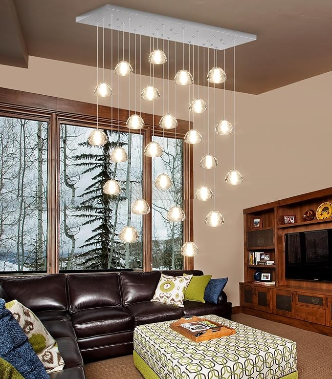 24-Lights Modern Rectangular Crystal Chandelier LED Raindrop Ceiling Pendant Light Crystal Lighting Fixture for Living Room Hotel Staircase Hallway Foyer Entryway Bedroom Silver