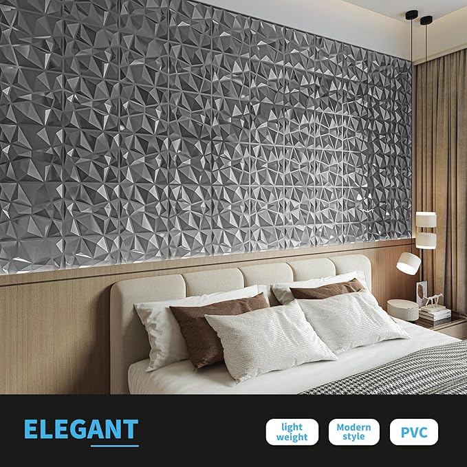 Art3d 3D Diamond Design Paneling for Interior Decor, Living Room, TV Wall Background, Bedroom, Gaming Setup, 11.8" x 11.8", Silver, 33 Pack
