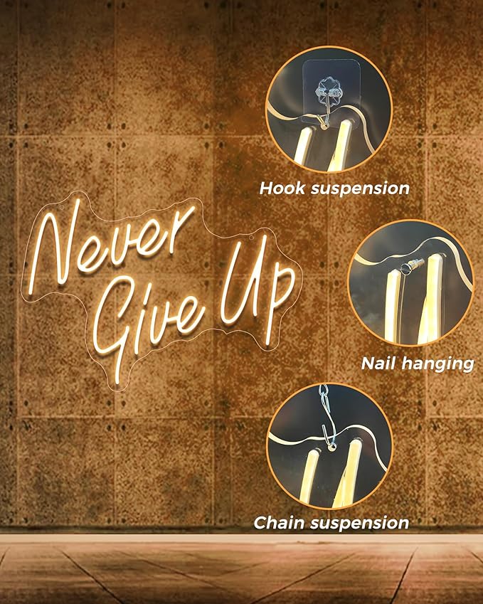 NEVER GIVE UPLED Neon Sign for Wall Decor,Neon Lights Party Decorations, USB Powered Switch Neon Lights lighting adjustable for Office Room, Gym Room, Man Cave, Gamer Room