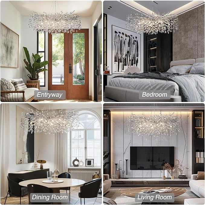 47" Silver Crystal Chandelier, 18-Light Modern Tree Branch Chandelier, Luxury Round K9 Crystal Raindrop Chandeliers for Dining Room, Living Room, Foyer, Entryway, Bedroom, Contemporary Light Fixture