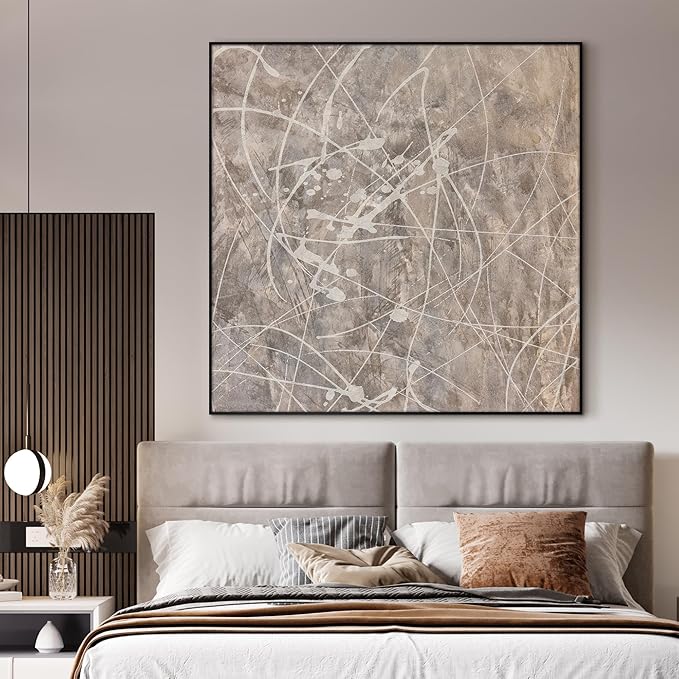 60"x60" XL Framed Wall Art - Splatter Beige and Gray Graffiti Style (Frame Assembly Required)