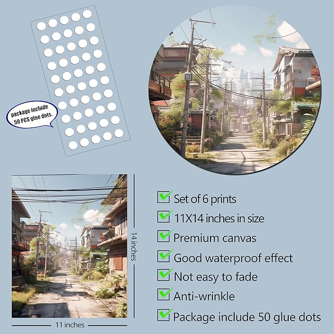 Luodroduo Japanese Wall Art Set of 6 Japan Rural Architecture Abstract Scenery Illustration Wall Decor Countryside Streets Canvas Art Poster for Living Room Bedroom Wall Art (D, 11"x14" UNFRAMED)