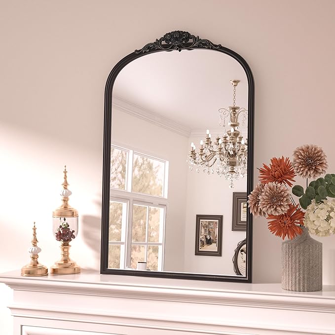 Keonjinn Antique Arch Mirror 20" x 30", Black Ornate Vintage Mirror, Baroque Decorative Mirrors for Mantle, Bathroom, Living Room, Hallway, Fireplace, Flench Cleat Mounting