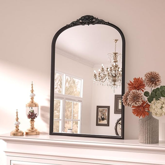Keonjinn Antique Arch Mirror 20" x 30", Black Ornate Vintage Mirror, Baroque Decorative Mirrors for Mantle, Bathroom, Living Room, Hallway, Fireplace, Flench Cleat Mounting