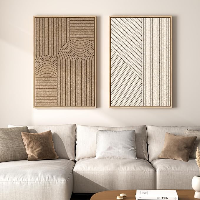 Large 3D Textured Framed Neutral Abstract Wall Art Set, 2 Piece Modern Paintings Artwork for Walls, Minimalist Beige Brown Geometric Line Pictures for Living Room Entryway Bedroom Wall Decor 24x36 In