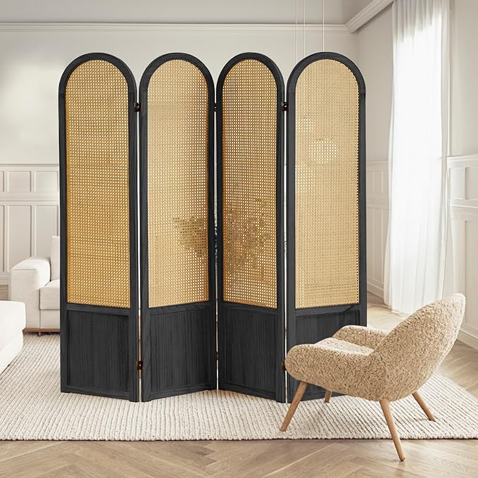 4 Panel Room Divider and Folding Privacy Screen 5.6 Ft Foldable Double Hinged Room Partition, Hand-Woven Rattan Room Divider Portable Wood Wall Divider for Room Separation, Home, Black