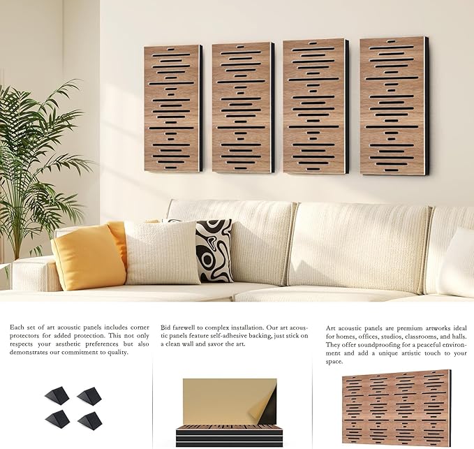 4Pack Acoustic Wall Panel Self-Adhesive Soundproof Foam Panels for Wall, 3D Perforated Tri-Layer Polyester Fiber Decorative Acoustic Insulation for Recording Studio, Office, 24×12×1.78", Waveform-Line