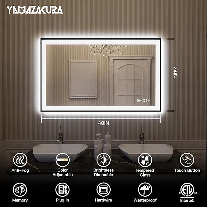 LED Bathroom Mirror 40x24 with Backlit and Front Lighted, Framed Dimmable Illuminated Mirror for Wall Anti-Fog Shatterproof (Horizontal/Vertical)