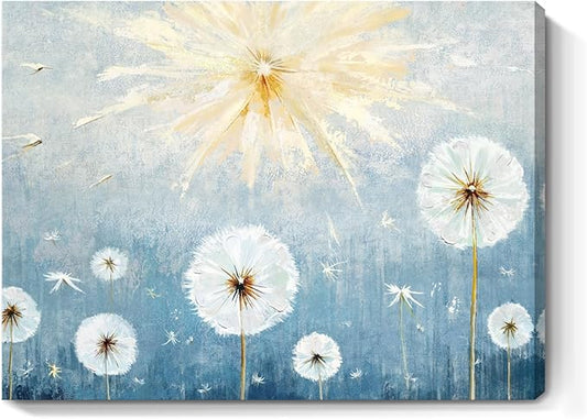 Nicetop Floral Canvas Wall Art – Blue Botanical Dandelion Picture, Inspirational Nature Art Print Wildflower Artwork for Bathroom Bedroom Office or Small Living Room, Rustic Decor16x12 Inch