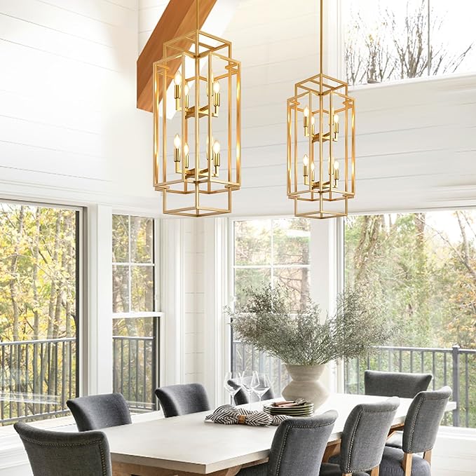 8-Light Gold Chandelier, Modern Foyer Lighting Fixtures, 31.5" Farmhouse Lantern Pendant Light, Industrial Large Chandeliers for High Ceilings, for Living Room,Staircase,Hallway
