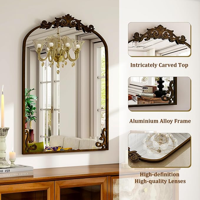 36"x 24" Arched Bathroom Mirror, Wall-Mounted Mirror with Carved Metal Frame & Bottom Art Carved, Vanity Mirror for Home Decor, Hanging Wall Mirror with Baroque Ornate Carved Accents, Vintage Bronze