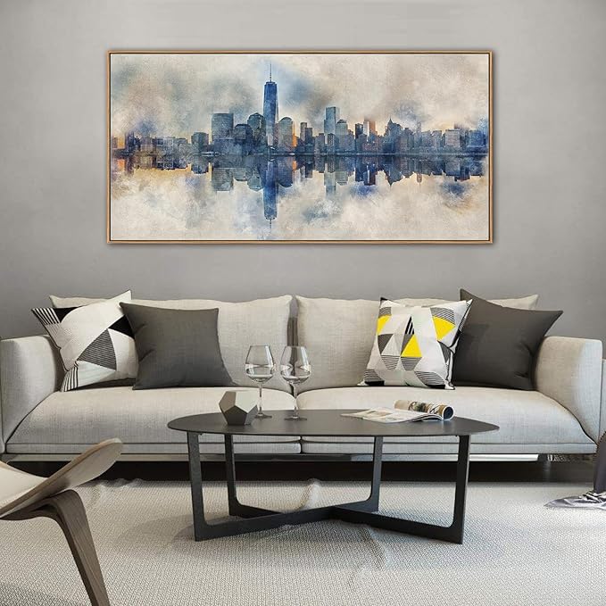 arteWOODS Framed Canvas Wall Art - Abstract New York City Painting Wall Decor Indigo Blue Gray Panoramic Art Print Skyline Reflection Pictures Artwork City Landscape Living Room Bedroom 29" x 58"