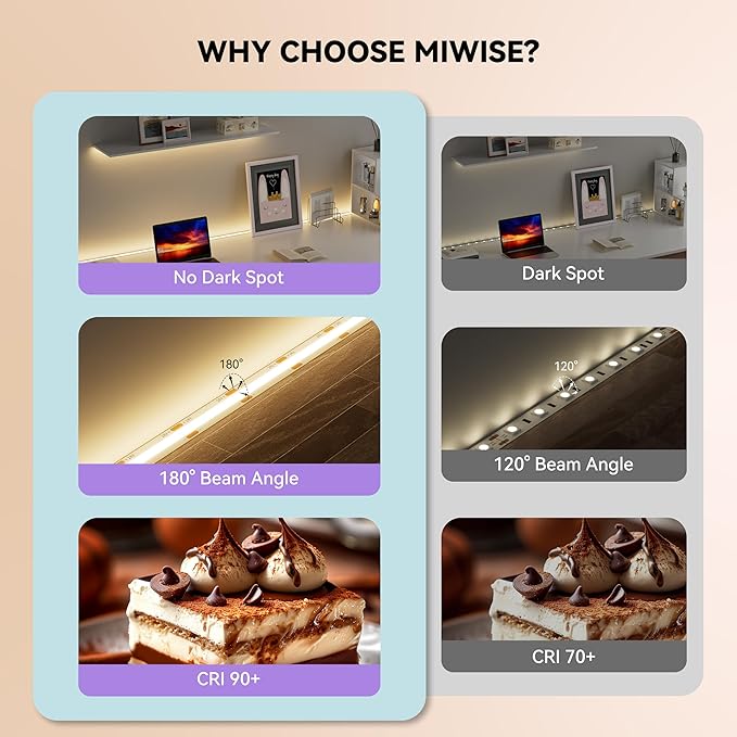 MIWISE COB LED Strip,3000K Warm White 20ft/6.1m,Dimmable Super Bright 24V LED Strip Light,CRI 90+ Flexible Tape Light with RF Remote Timer Function,for Home/Cabinet/Bedroom/TV DIY Lighting Project