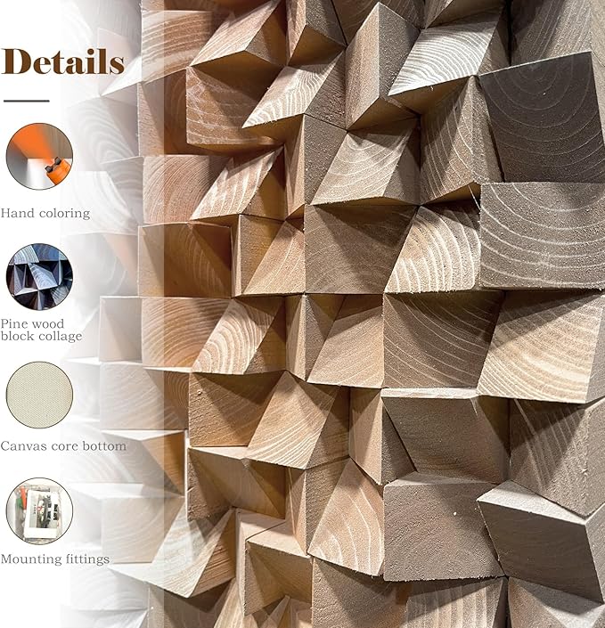 LIUZEYUE - 3D Wood Wall Art Decor Hand Crafted Wooden Blocks | Geometric Sculpture Art Modern Home Office Wall Art Easy Installation 23.6"x47.2"