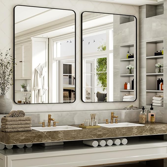 48"x36" Black Bathroom Mirror - Modern Black Mirror for Wall with Rounded Corners, Bathroom Mirrors for Vanity, Aluminum Alloy Framed Mirror Portrait or Landscape Hang, Horizontal or Vertical