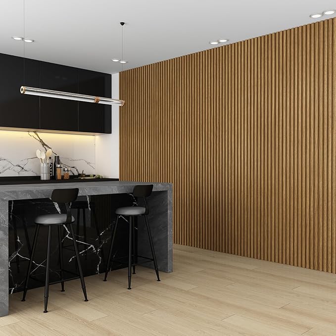 8-Pack WPC Wall Panels 118’’ x 6.1’’ 3D Slat Wall Panel Acoustic Wall Paneling for Interior Wall Decor TV Background Kitchen Bedroom Oak