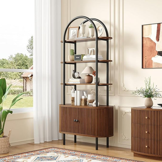 71" Tall Bookshelf, Bookcase, 4-Tier Book Shelf with Storage Cabinet, Curved Metal Frame Bookcase, Freestanding Industrial Storage Display Shelving for Living Room Office Bedroom, Walnut