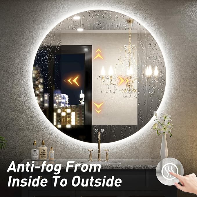 36 Inch Round LED Bathroom Mirror - 6000K Daylight Backlit, Anti-Fog & Dimmable, Frameless Waterproof Mirror with Touch Control, CRI90+, IP54 for Vanity & Makeup