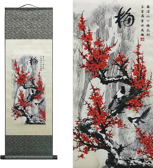 AtfArt Asian Wall Decor Beautiful Silk Scroll Painting 4 Righteous Men Flowers - Plum Orchid Bamboo Chrysanthemum Oriental Decor Chinese Art Wall Scroll Hanging Painting Scroll (Plum)