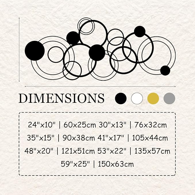 Abstract Circles Metal Wall Art, Geometrical Metal Wall Decor, Gold Circle Decorations, Circular Geometric Artwork, Large Rectangle Sign, Modern Minimalist Home Decor (Silver, 35"x15" | 90x38cm)