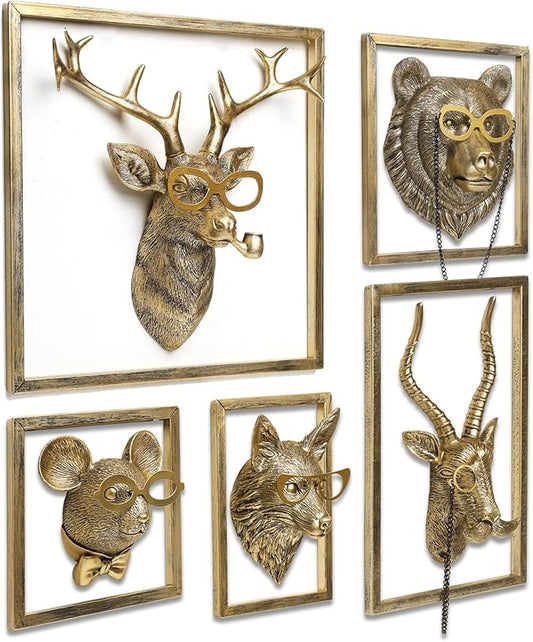 Newinhome Animal Heads Wall Decor (5pcs, Includes Metal Frame) Resin Animals Sculptures Head Wall Hanging Decoration Gold vintage Wall Sculpture for Living Room Bedroom Office