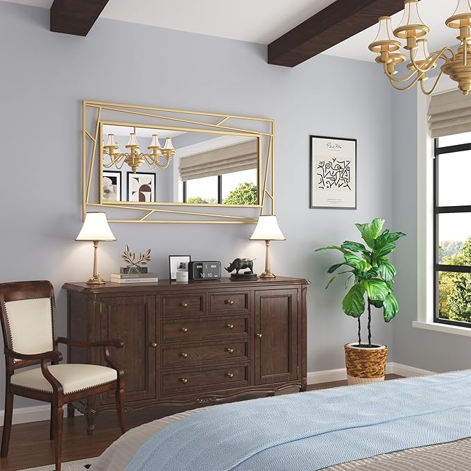 Brushed Gold Vanity Mirror for Bathroom 45" x 30" Brushed Brass Rectangle Beveled Framed Bathroom Wall Mirror for Over Sink, Tempered Glass, Modern Farmhouse Bedroom, Entryway, Living Room