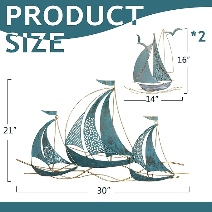 3 PCS Metal Wall Art, Large Metal Sailboat Wall Decor, Modern Home Wall Sculpture for Office, Bedroom, Living Room, Dining Room