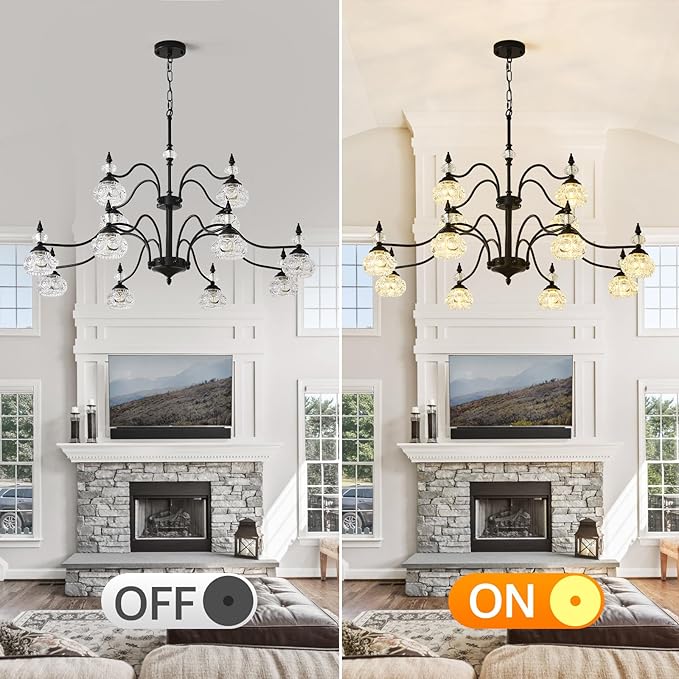 2 Tier Vintage Crystal Chandelier, 41-inch Black Victorian Chandelier 12-Light, Antique Pendant Light for Living Room, Bedroom, Dining Room, High Ceiling, G9