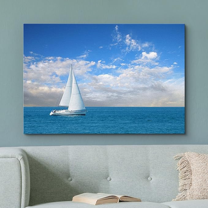 Canvas Prints Wall Art - Beautiful Seascape White Sail Boat on The Blue Calm Sea | Modern Wall Decor/Home Decoration Stretched Gallery Canvas Wrap Giclee Print & Ready to Hang - 24" x 36"