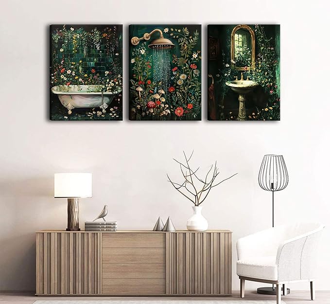 KKJ 3 Pcs Green Botanical Bathroom Canvas Wall Art, 16x24in Each, Dark Green Wildflowers, Floral Picture Wall Decor, Rural Style, Bathroom & Laundry Room Decoration