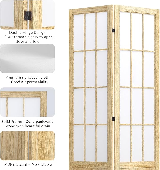 5.6FT Room Divider and Folding Portable Partition Screen, Chinese Japanese Shoji Style for Room Separation - 6 Panel (Natural)