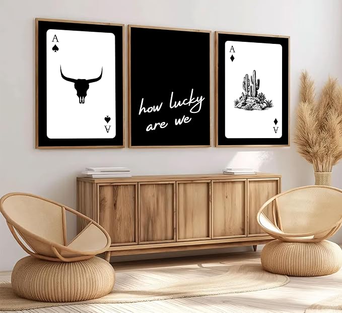3Pcs Black and White Western Wall Art Country Southwest Canvas Poster Vintage Poker Ace Picture Cactus Bull Skull and How Lucky We Are Painting for Bedroom Living Room 12x16in Unframed