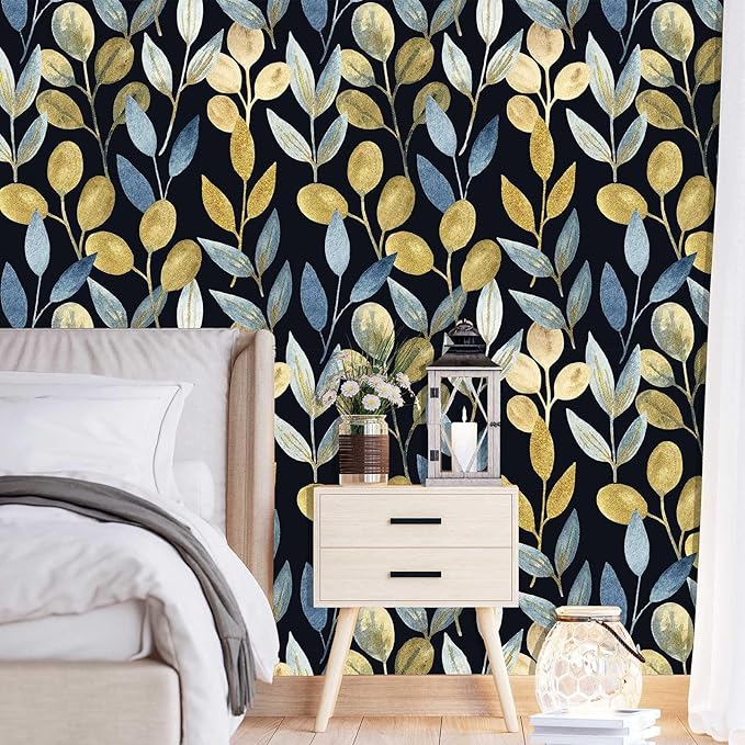 Blue Gold Leaf Peel and Stick Wallpaper Self Adhesive Dark Floral Waterproof Removable Contact Paper Wall Paper for Bedroom Bathroom Cabinets Drawers Wallpaper 17.7" x 70.8"