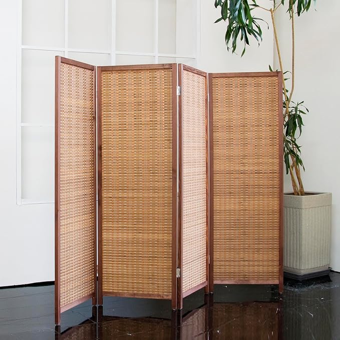 4 Panel Short Room Divider Folding Screen,47 inch Bamboo Panel Divider for Home Partition,Brown