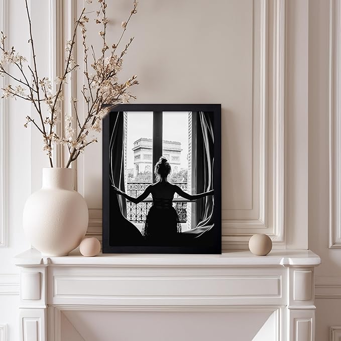Poster Master Vintage Photograph Poster - Retro Minimalist Print - Girl In The Open Window, Black & White, Simple - Gift for Artist, Friend - Wall Decor for Living Room, Dorm, 8x10 Black Framed