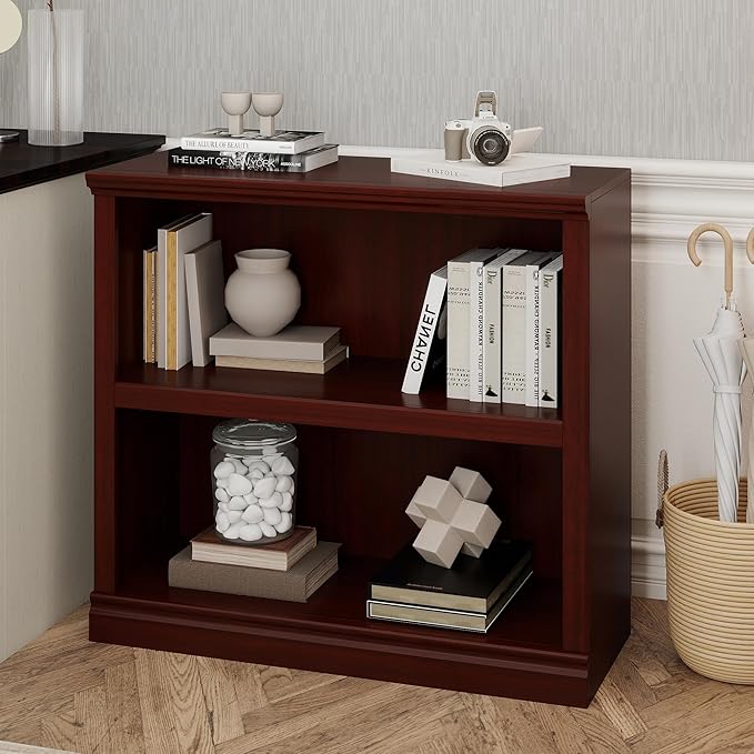 30" Bookcase, White Floor Standing Bookshelf, 2-Tier Display Shelves Open Storage Organizer, Book Case for Living Room Hallway Kitchen Home Office Bedroom, Mahogany 2 Tiers