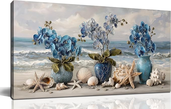 Blue Wall Art Beach Ocean Wall Decor Flower Canvas Art Coastal Seascape Pictures Floral Vase Poster Starfish Conch Shell Print Art for Bedroom Bathroom Living Room Office 20"x 40"