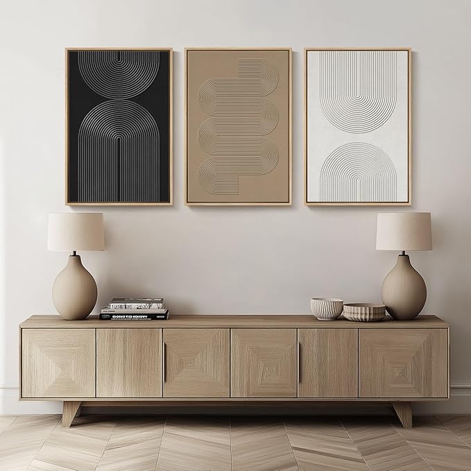 Large Framed Black and White Neutral Abstract Wall Art, 3 Piece Minimalist Canvas Prints Paintings Artwork for Walls, Boho Geometric Pictures for Living Room Hallway Office Wall Decor Total 30x60 In