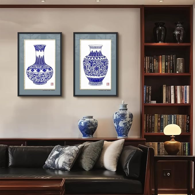 crmotu Chinoiserie Wall Art, Chinoiserie Paper-cutting Wall Decor Set of 4, Oriental Blue and White Porcelain Vase Framed Asian Art for Living Room Hallway Hotel Antique Wall Decor, 17X25 Inch