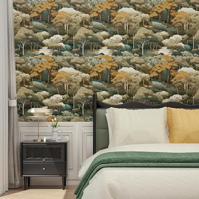 Autumn Forest Wallpaper Peel and Stick Vintage Yellow Trees Woodland Contact Paper 17.4" x 393" Waterproof Self-Adhesive Wall Paper for Bedroom Countertop Desk Cabinets Shelf Decor Renter Friendly