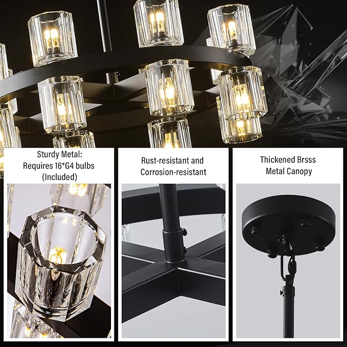 Black Wagon Wheel Chandelier, 18" Modern Farmhouse Chandelier, 16-Light Chandelier for Living Room, K9 Crystal Chandeliers for Dining Room (Bulbs Included)