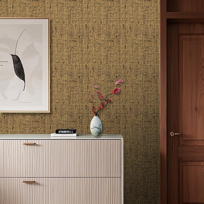 15.75"x393.7" Brown Wallpaper Peel and Stick Removable Grasscloth Textured Wall Paper Self Adhesive Cabinets Drawers Bookshelves Vintage Contact Paper Thickened Waterproof Faux Linen Vinyl Roll