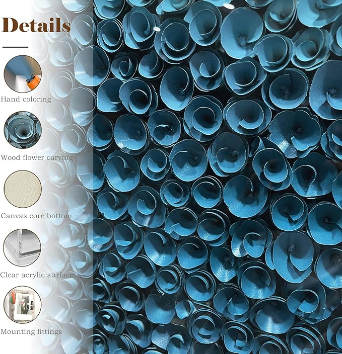 LIUZEYUE - Frame artwork on the wall, handmade wooden flowers, 3D wall decoration, modern living room, 59 "x59 blue