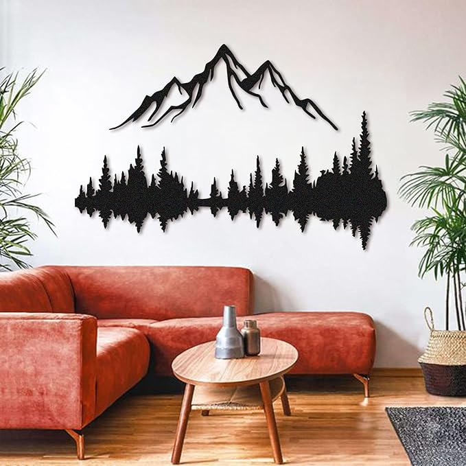Metal Wall Art - Mountain & Forest Metal Wall Decor - Large Wall Sculpture for Rustic Home Living Room Bedroom Indoor/Outdoor (Black, 70.9'' x 47.2'' / 180 x 120 cm)
