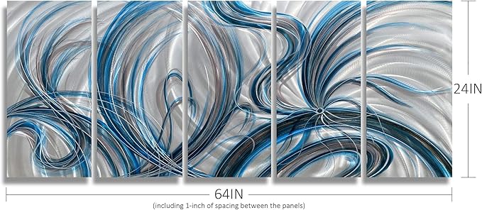 BATRENDY ARTS Handcrafted Abstract Metal Wall Art Decor Huge Blue and Silver Aluminium Painting 3D Scuplture Artwork for Livingroom Bedroom Office