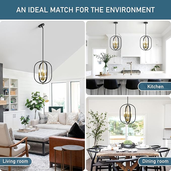 12.2'' Black and Gold Farmhouse Chandelier 4 Light Fixture for Dining Room, Kitchen Island & Entryway, Adjustable Industrial Rustic Geometric Hanging Chandelier for Living Room, Foyer, Hallway